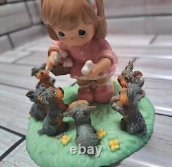 2009 Precious Moments Girl Feeding Yorkies Furry Best Friends Collection #A1959