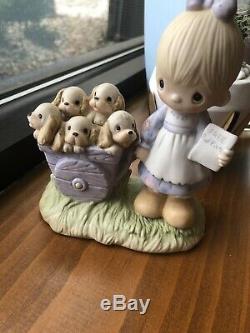 Precious Moments 1977 God Loveth A Cheerful Giver Girl WithFree Puppies -CRACKED