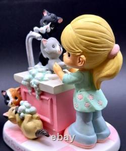 Precious Moments Adorable Cat Lover Girl Playing with Kittens by Sink