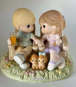 Precious Moments Figurine Kids on Benches with Puppies