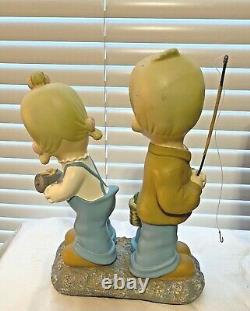 Precious Moments Garden Figure Boy And Girl with fishing rod and Raccoon
