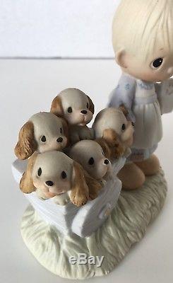 Precious Moments God loveth a cheerful giver Original 21 1977, has flaw, puppies