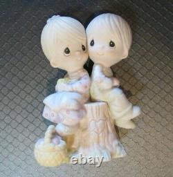 Precious Moments Love One Another Figurine with Box Boy Girl Tree Stump E-1376