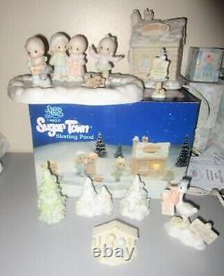 Precious Moments SUGAR TOWN Skating Pond + Extras Total 12 Items EUC with Boxes