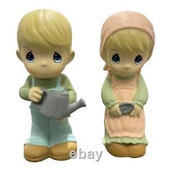 Precious Moments Sam B Garden Statue Set 2 Girl Boy Watering Can Shovel 2004