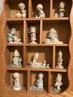 Vtg. Precious Moments Wood Display/Curio Cabinet Enesco, 12 Figurines